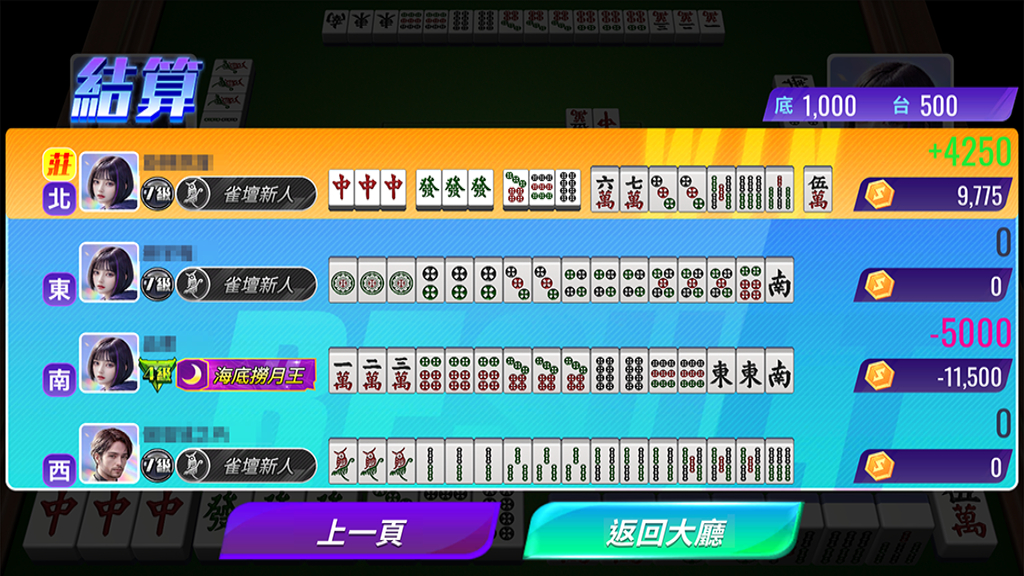 結算畫面會顯示各家玩家手牌
